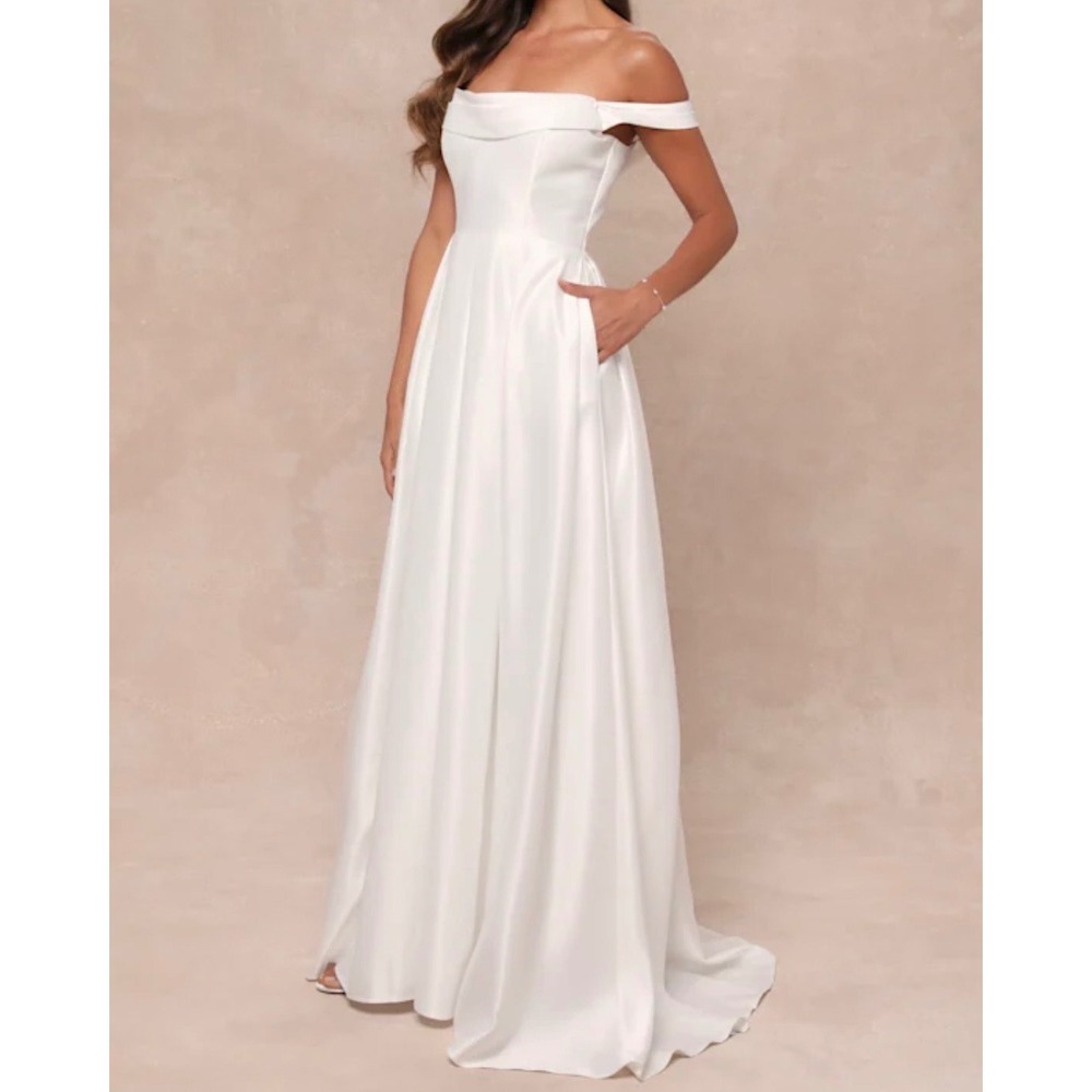 Lulus Extraordinary Vow White Off-the-Shoulder Maxi Dress Pockets NWT S